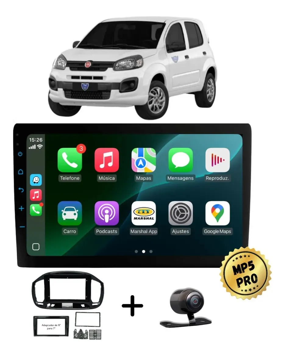 Kit Multimidia Mp5 Pro+ 9'' Fiat Uno 2015/2021