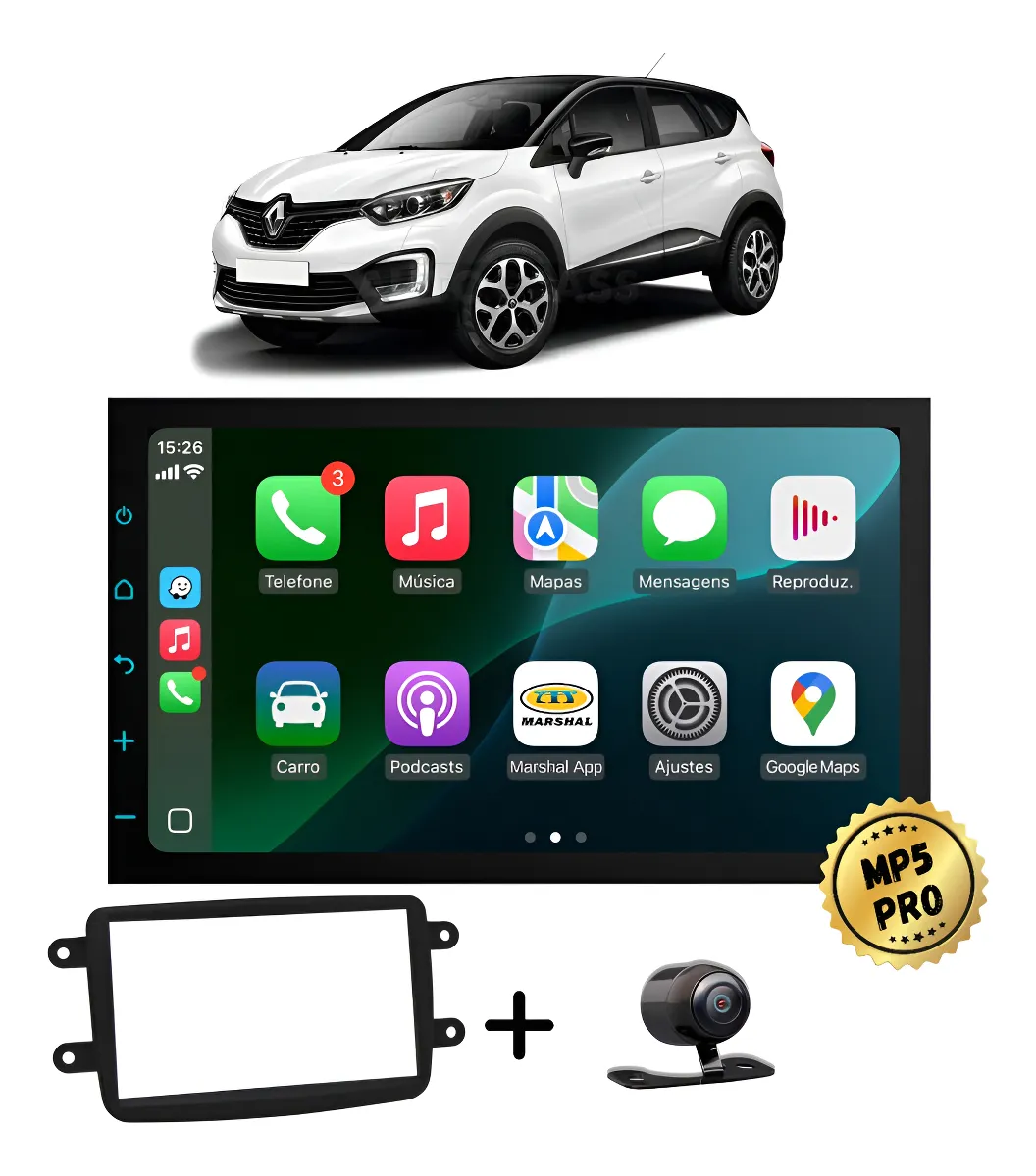 Kit Multimidia Mp5 Pro+ 7' Captur 2017 2018 2019 2020 Acima Preta