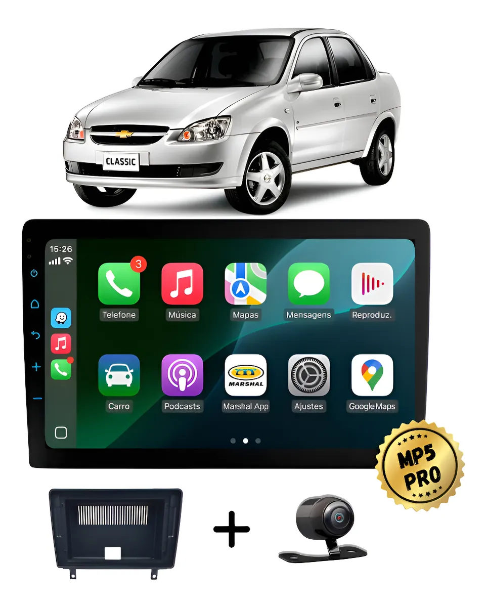 Kit Multimidia Mp5 Pro+ 9'' Chevrolet Corsa G1 Sedan Classic Preto