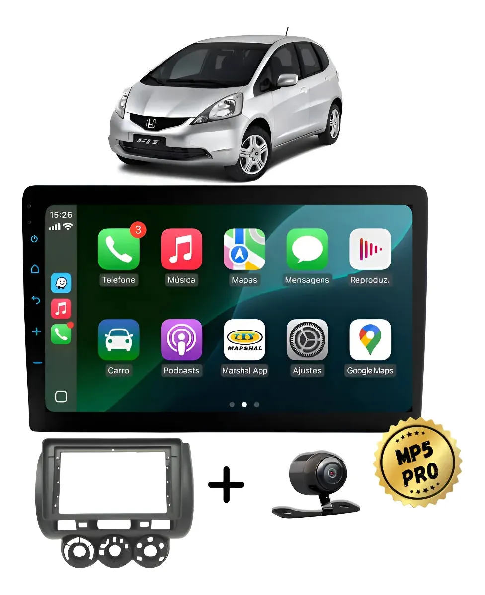 Kit Multimidia Mp5 Pro+ 9'' Honda Fit G1 2004/2008