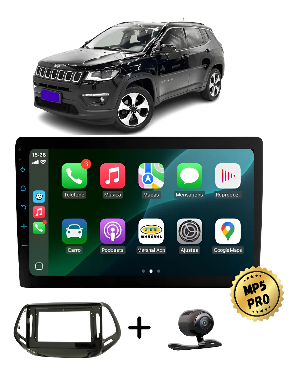 Kit Multimidia Mp5 Pro+ 9'' Jeep Compass 2017 Até 2021 Preto