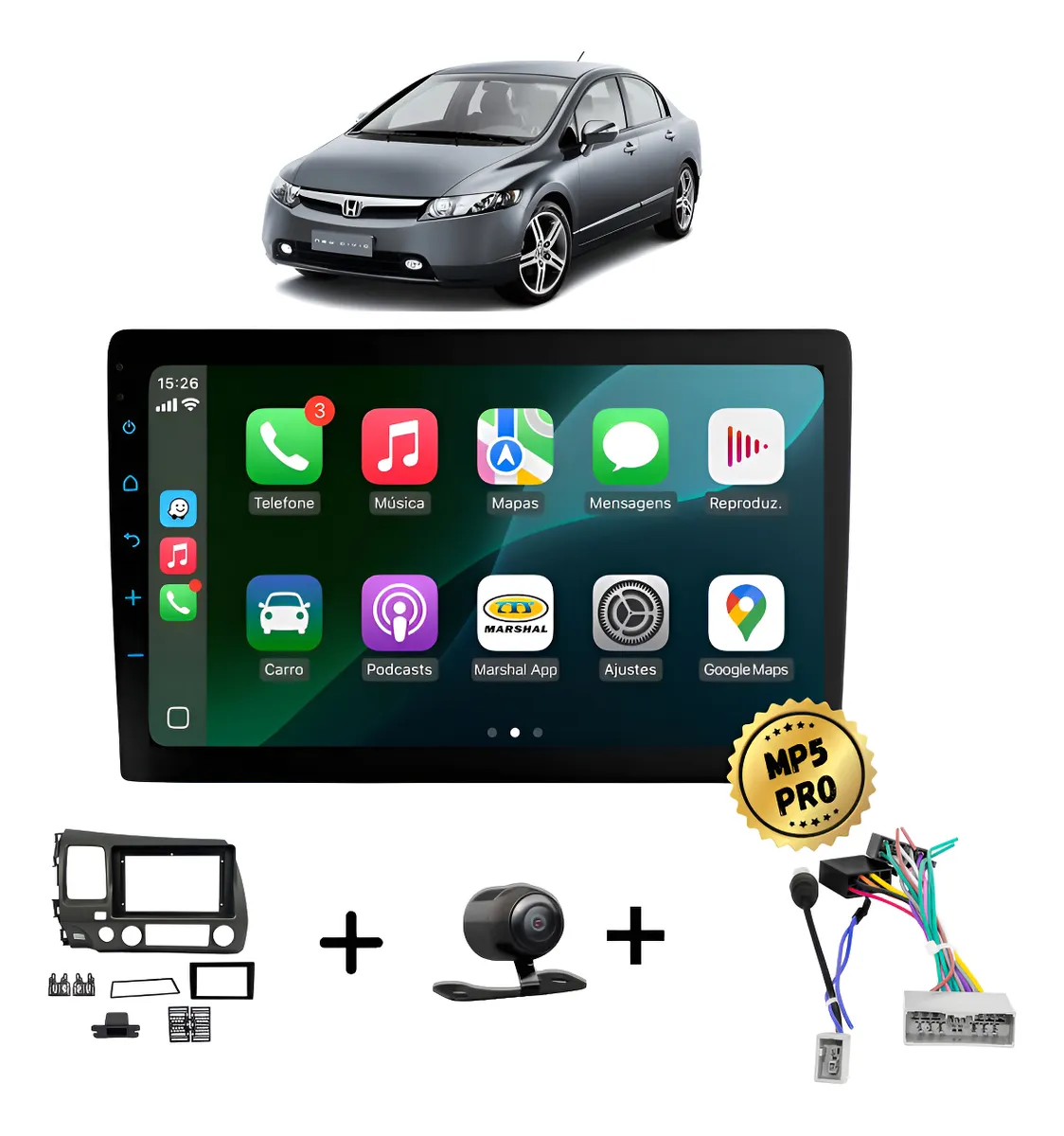 Kit Multimidia Mp5 Pro+ 9' Honda Civic 2007/2011 C/ Chicote