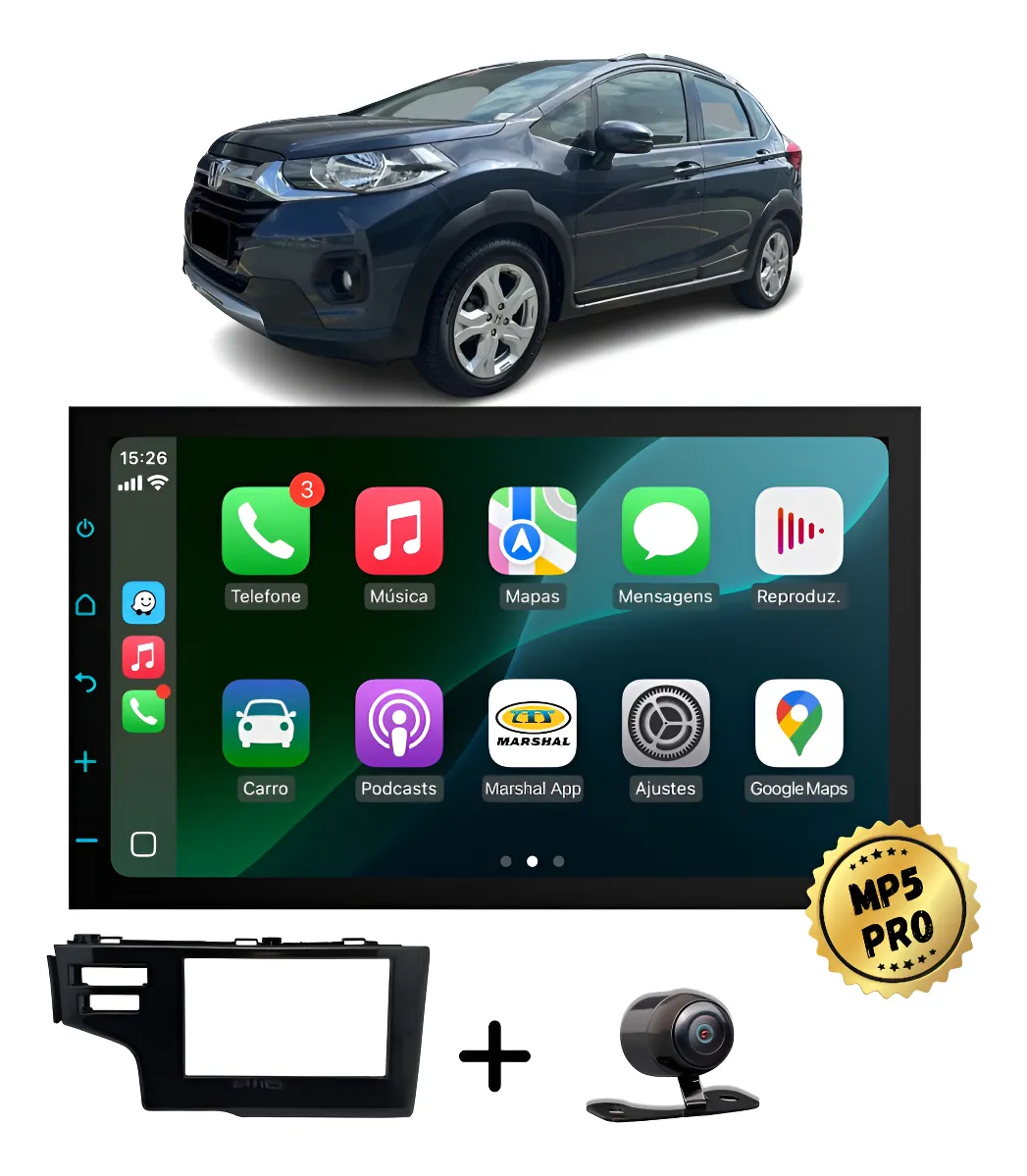Kit Multimidia Mp5 Pro+ 7' Honda Wrv 2017 2018 2019 À 2022 Preto