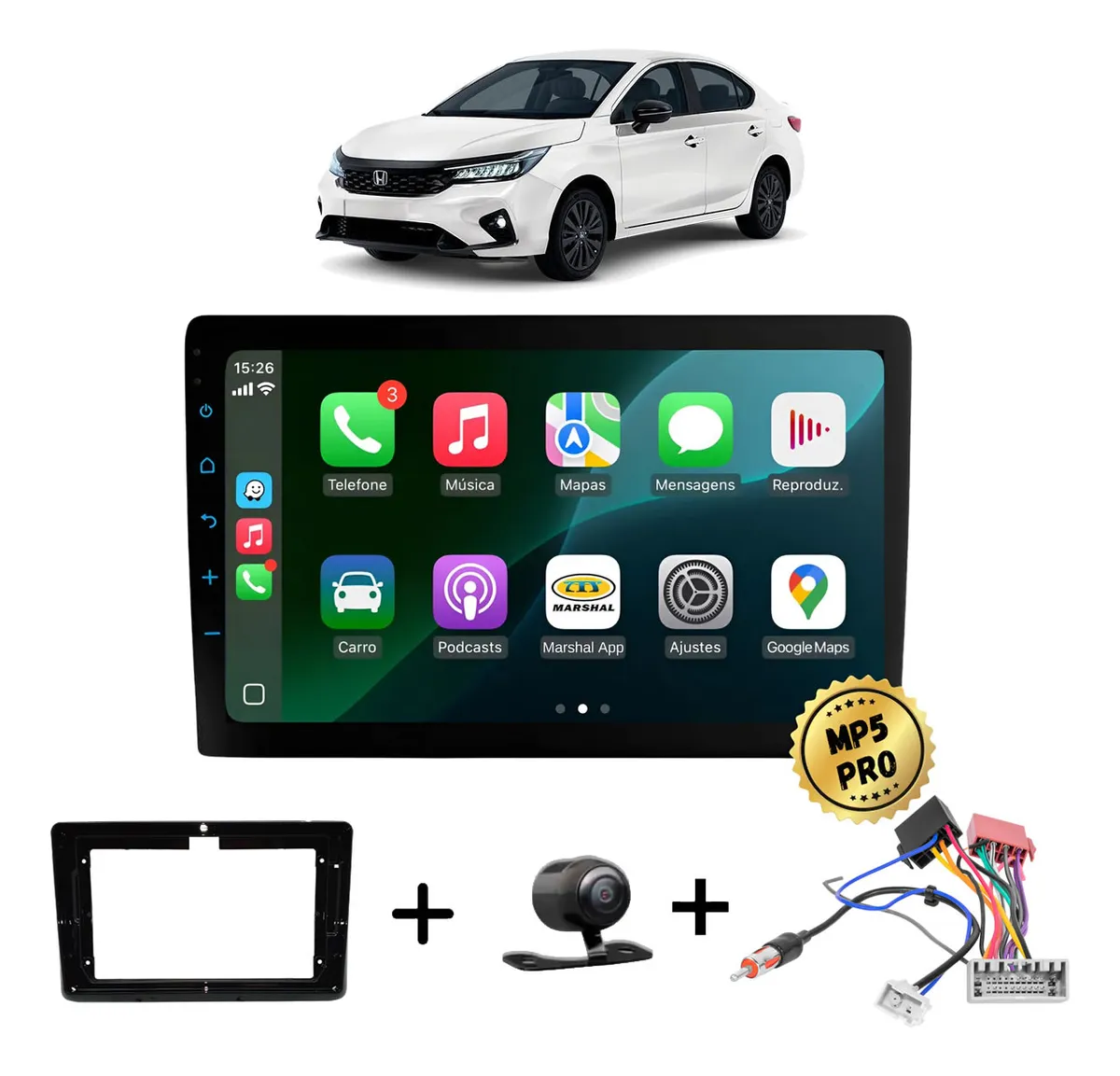 Kit Multimidia Mp5 Pro+ 9' City 2022 Ou Acima, C/ Chicote Preto