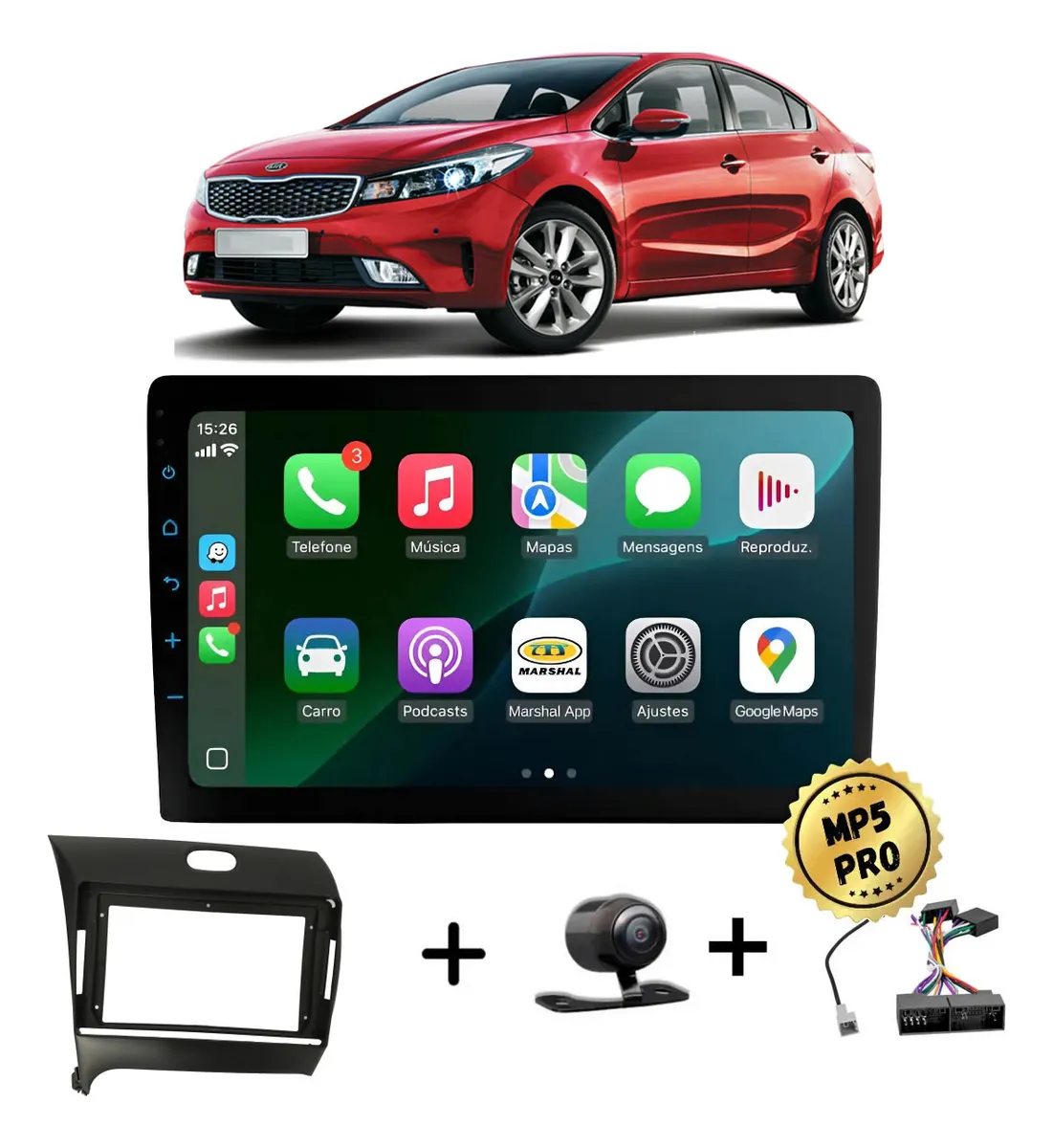 Kit Multimidia Mp5 Pro+ 9' Kia Cerato 2014/2019 C/ Chicote Preto