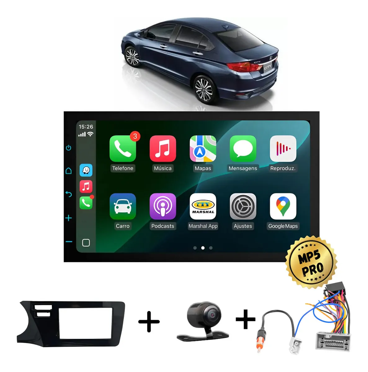 Kit Multimidia Mp5 Pro+ 7' City 2015/2022 2airbag, C/chicote Preto