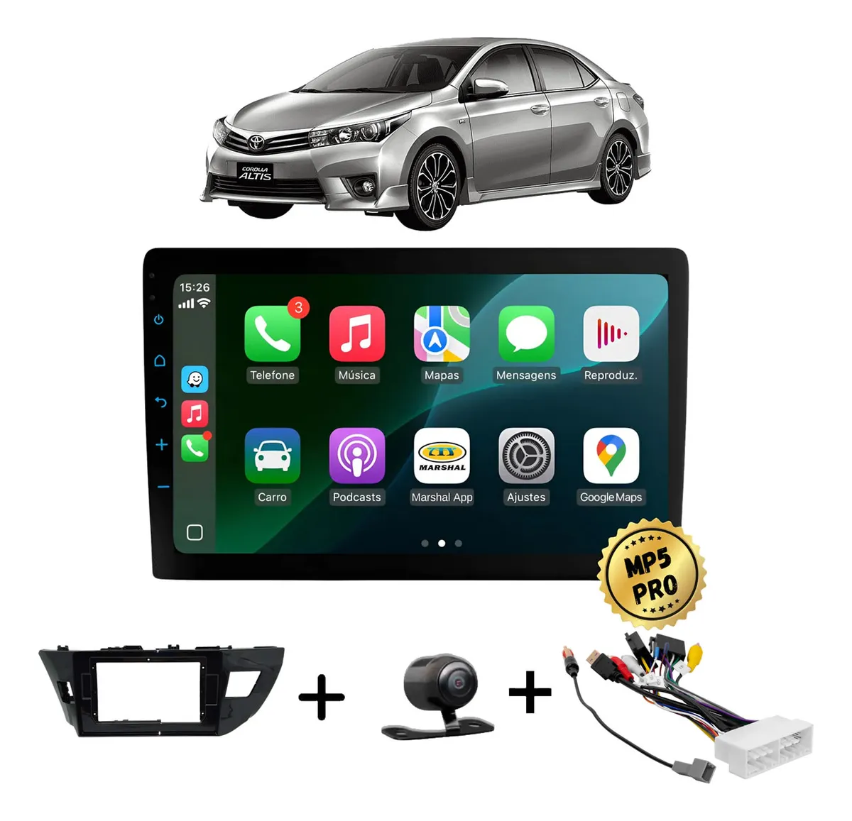 Kit Multimidia Mp5 Pro+ 9' Toyota Corolla 2015/2017 +chicote Black Piano