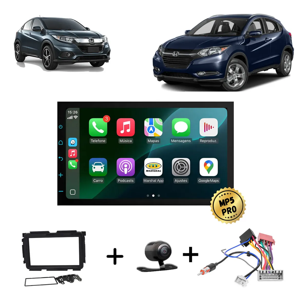 Kit Multimidia Mp5 Pro+ 7' Honda Hrv 2015 2016 2017 À 2021 Black Piano