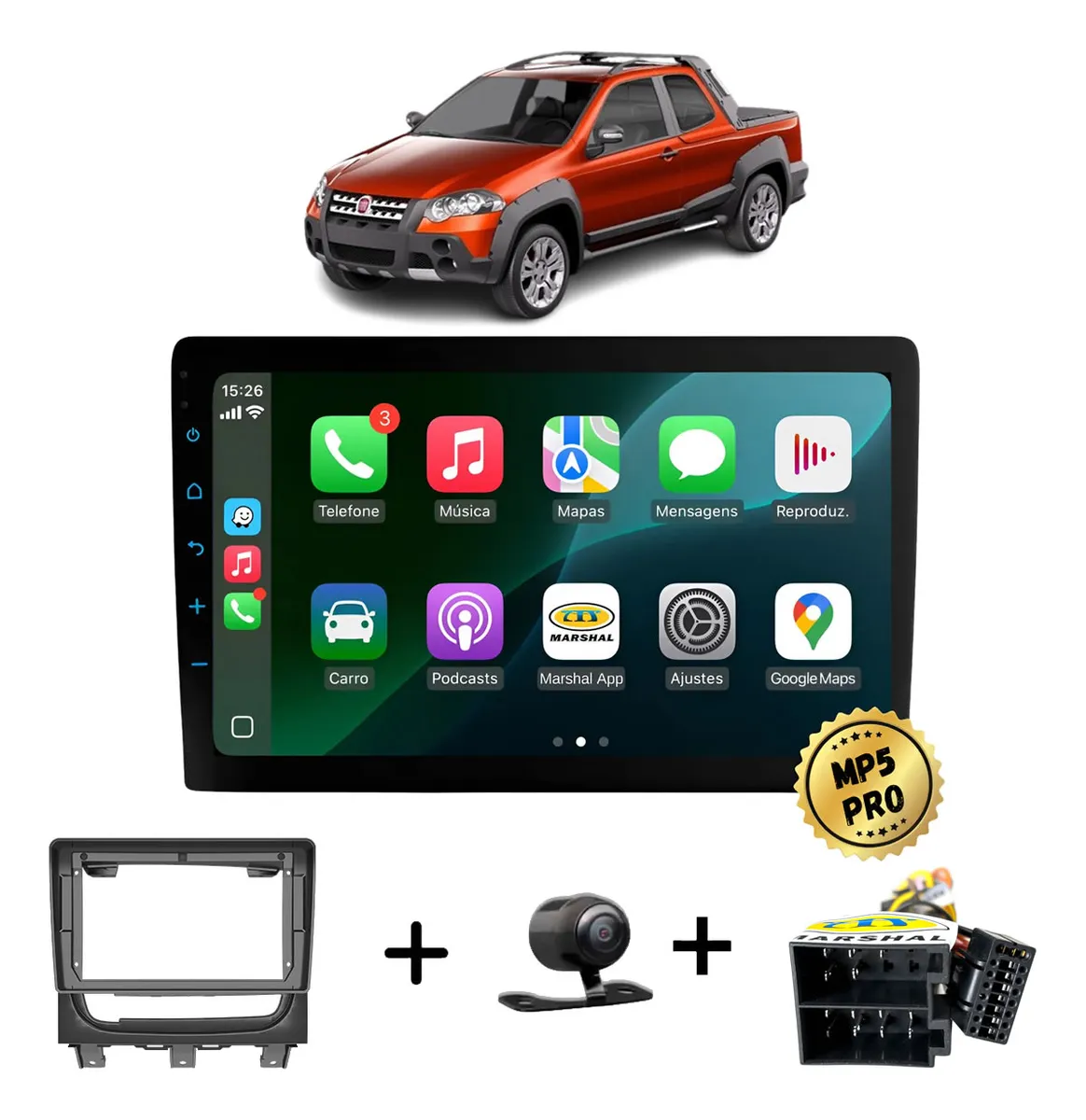Kit Multimidia Mp5 Pro+ 9'' Fiat Strada 2013/2019