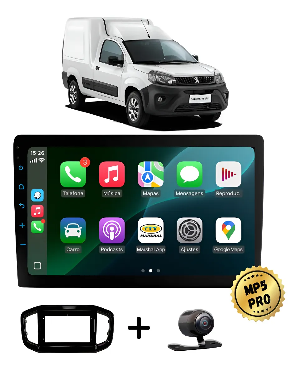 Kit Multimidia Mp5 Pro+ 9' Peugeot Partner 2022 2023 Acima Preto