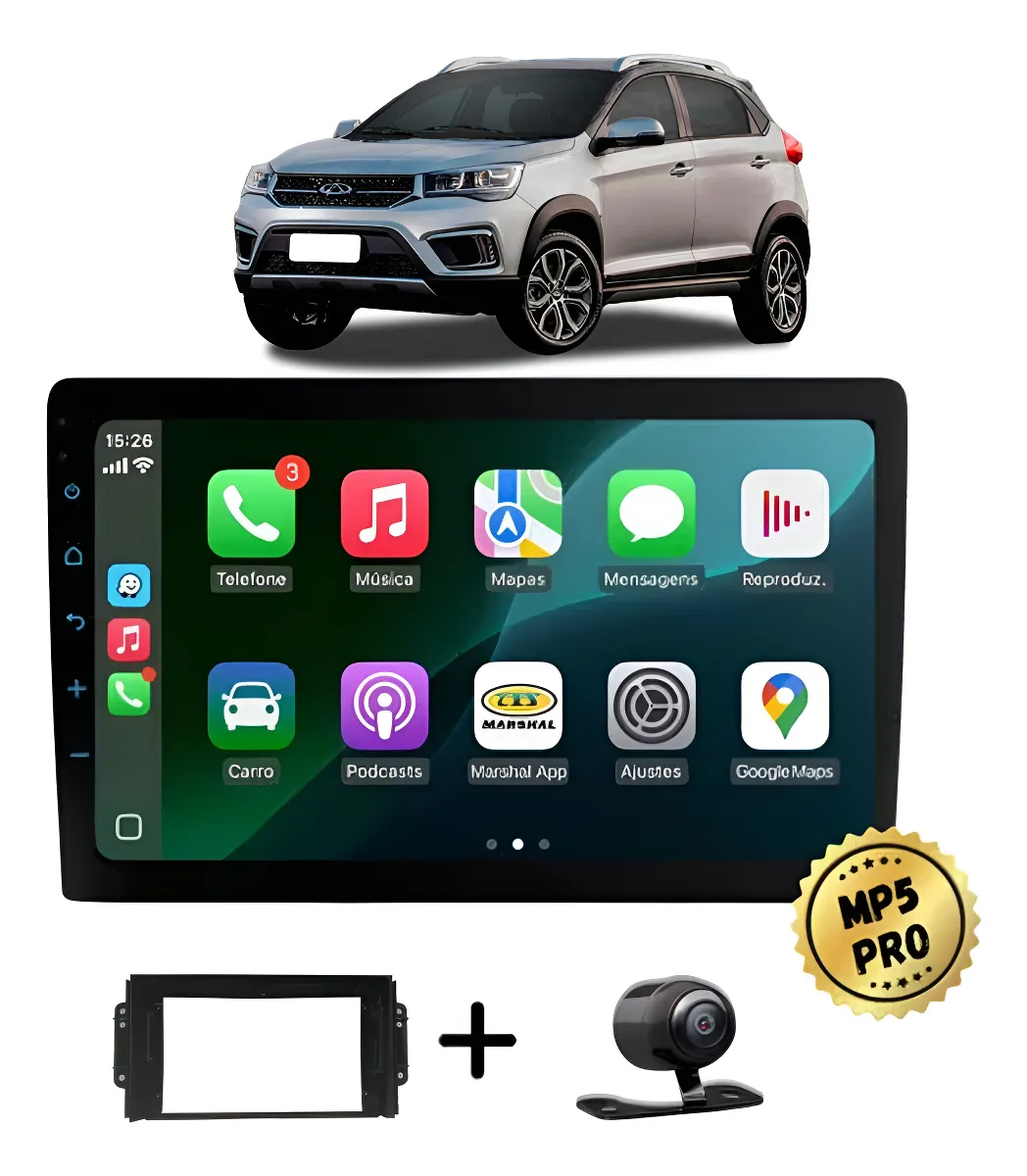 Kit Multimidia Mp5 Pro+ 9'' Chery Tiggo 2 2018/2022 Preto
