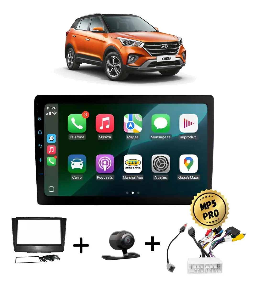 Kit Multimidia Mp5 Pro+ 7  Hyundai Creta 2017 2018 Até 2021 Preta