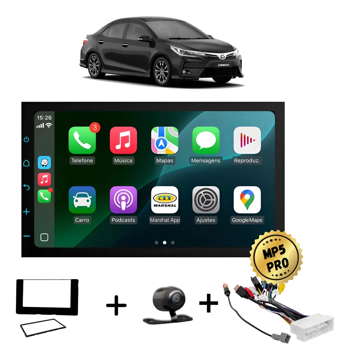 Kit Multimidia Mp5 Pro+ 7' Toyota Corolla 2018/2019 +chicote Preta