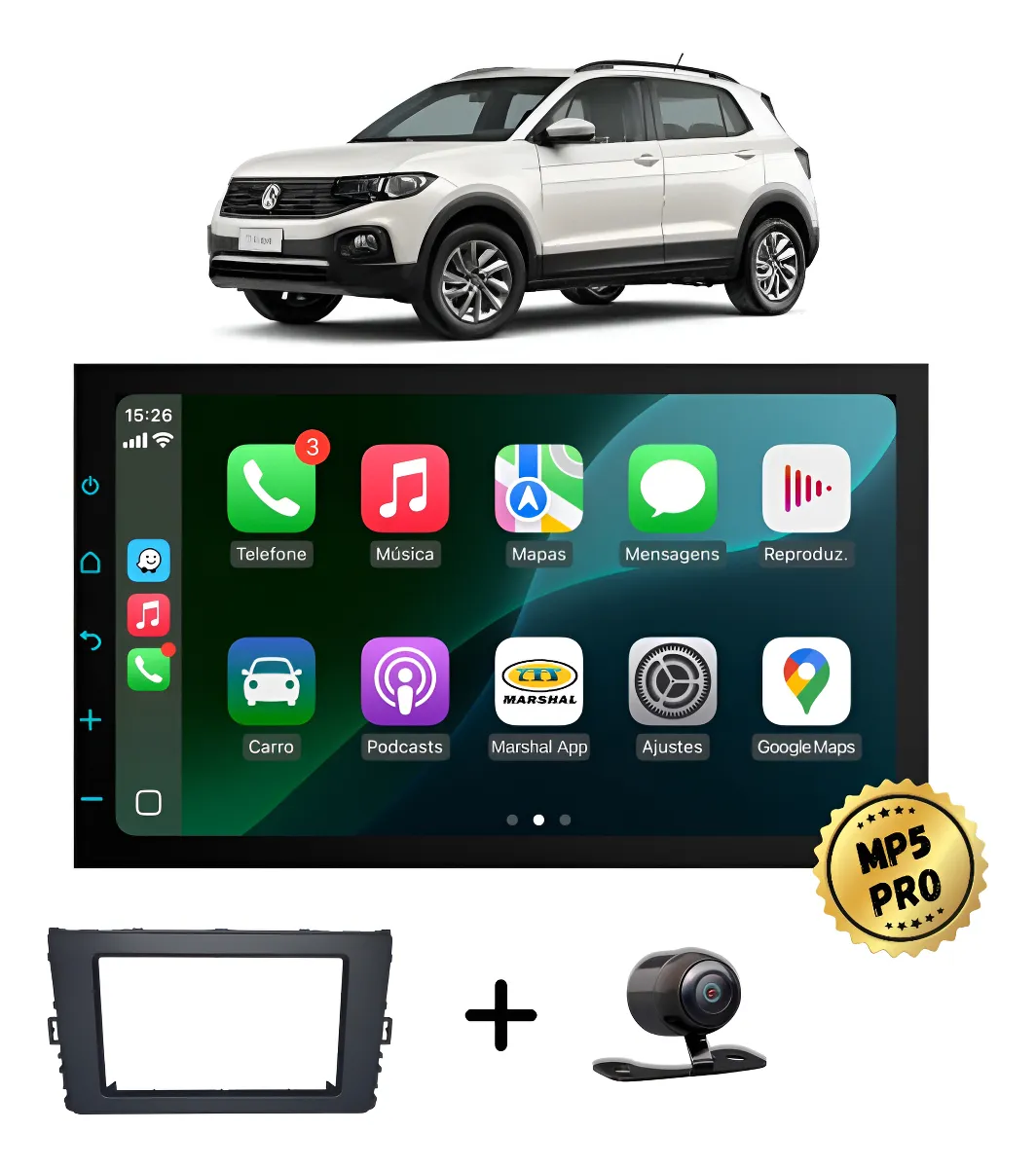 Kit Multimidia Mp5 Pro+ 7' T Cross 2019 2020 Acima, C/ Botão Preta