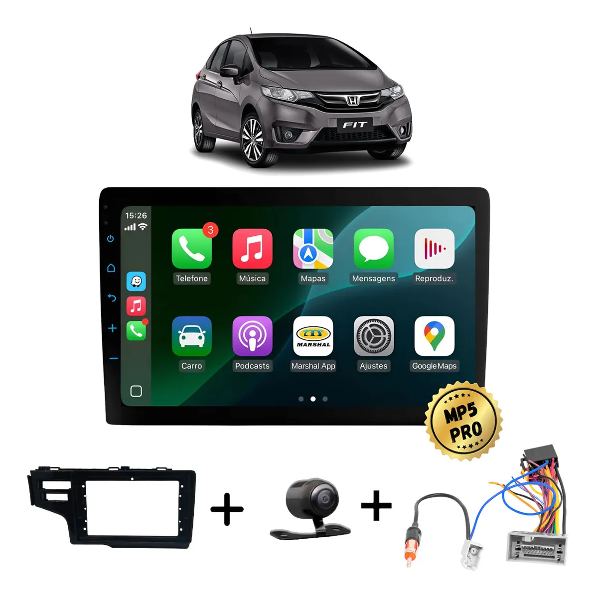 Kit Multimidia Mp5 Pro+ 9'' Honda Fit G3 2015/2022