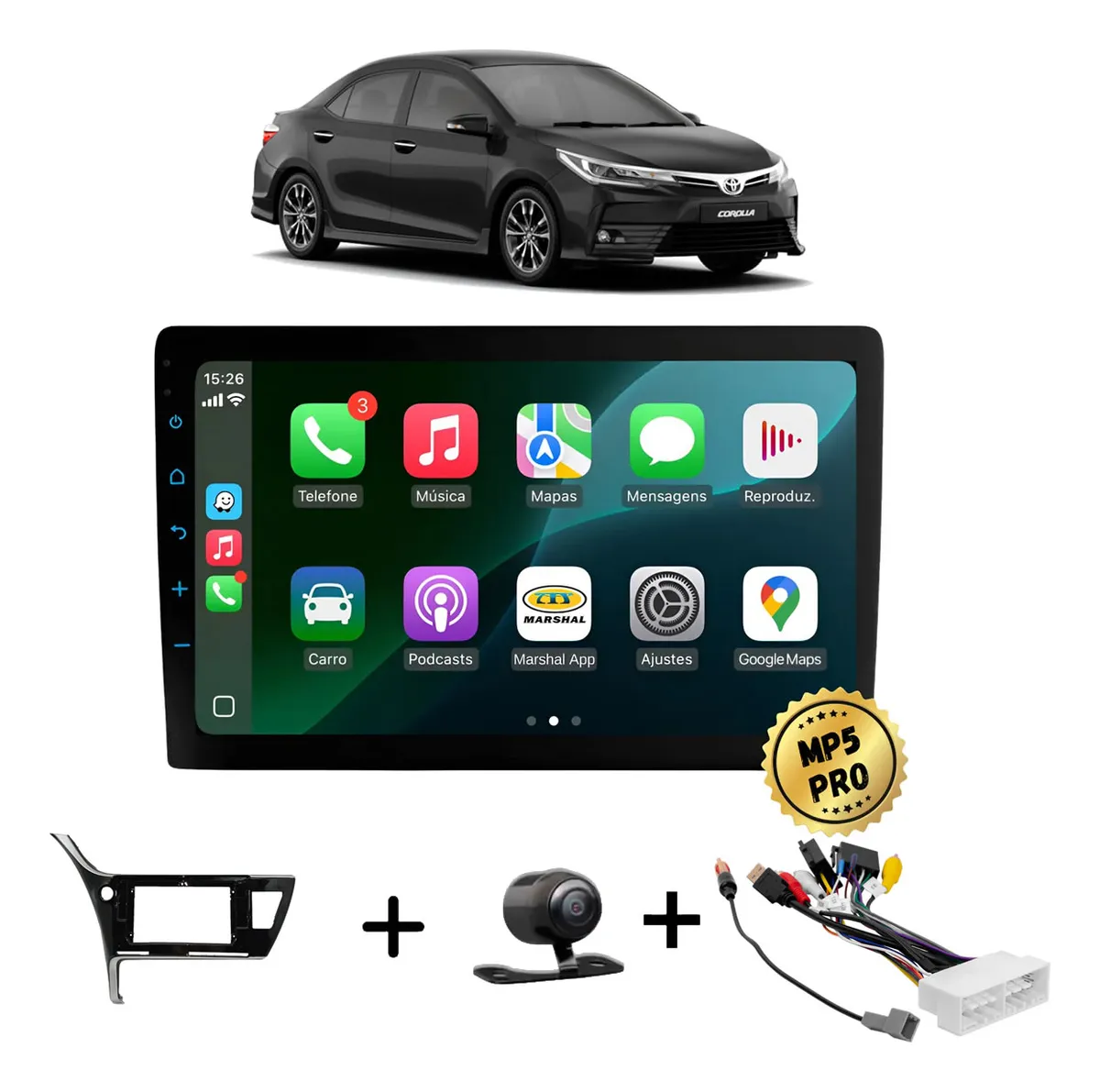 Kit Multimidia Mp5 Pro+ 9' Corolla 18/19 C/relógio, +chicote Black Piano
