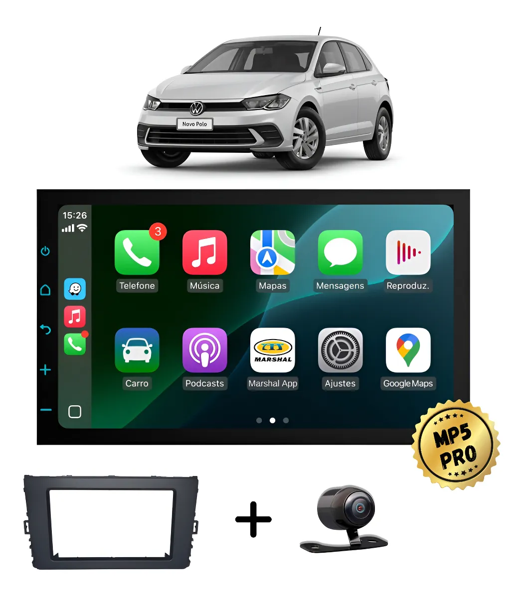Kit Multimidia Mp5 Pro+ 7  Vw Novo Polo 2018 2019 2020 Acima Preta