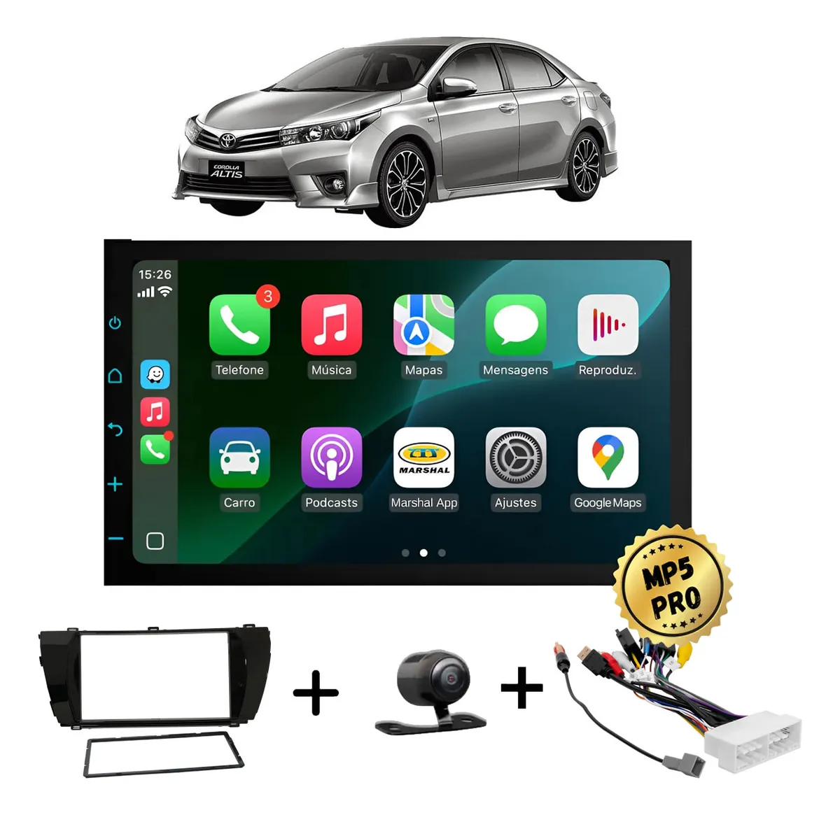 Kit Multimidia Mp5 Pro+ 7' Toyota Corolla 2014/2016 +chicote Preta