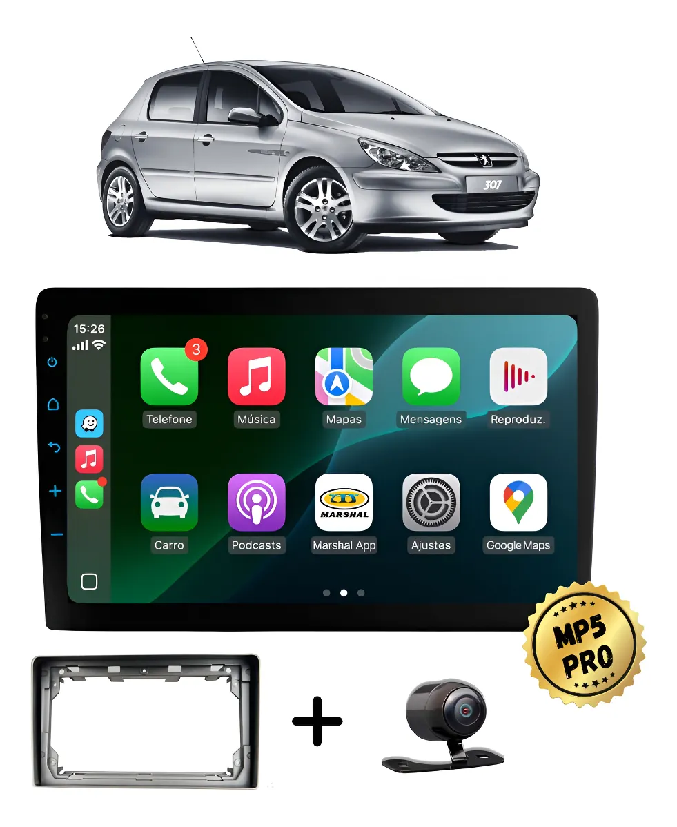 Kit Multimidia Mp5 Pro+ 9'' Peugeot 307 2001 Até 2008 Prata