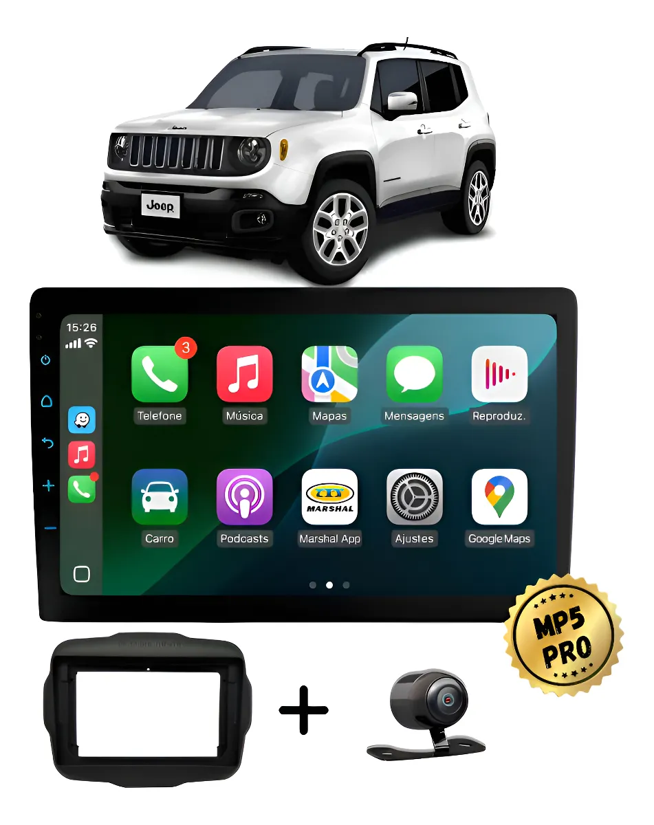 Kit Multimidia Mp5 Pro+ 9'' Jeep Renegade 2015 Em Diante Preto