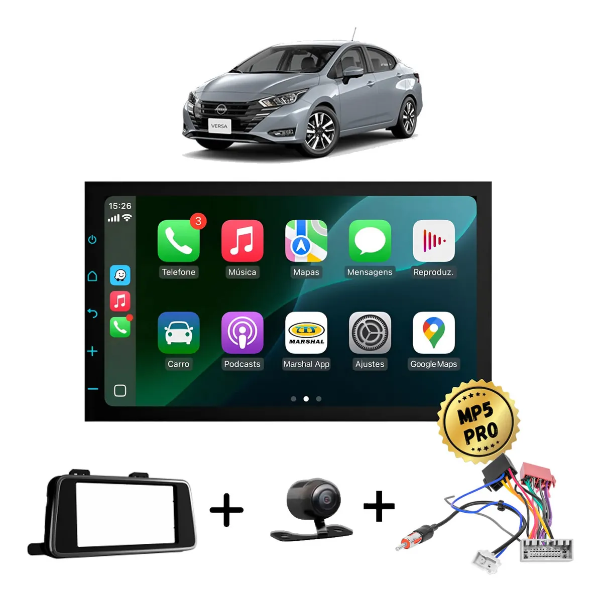 Kit Multimidia Mp5 Pro+ 7' Versa 2021 2022 2023 C/ Chicote Preta