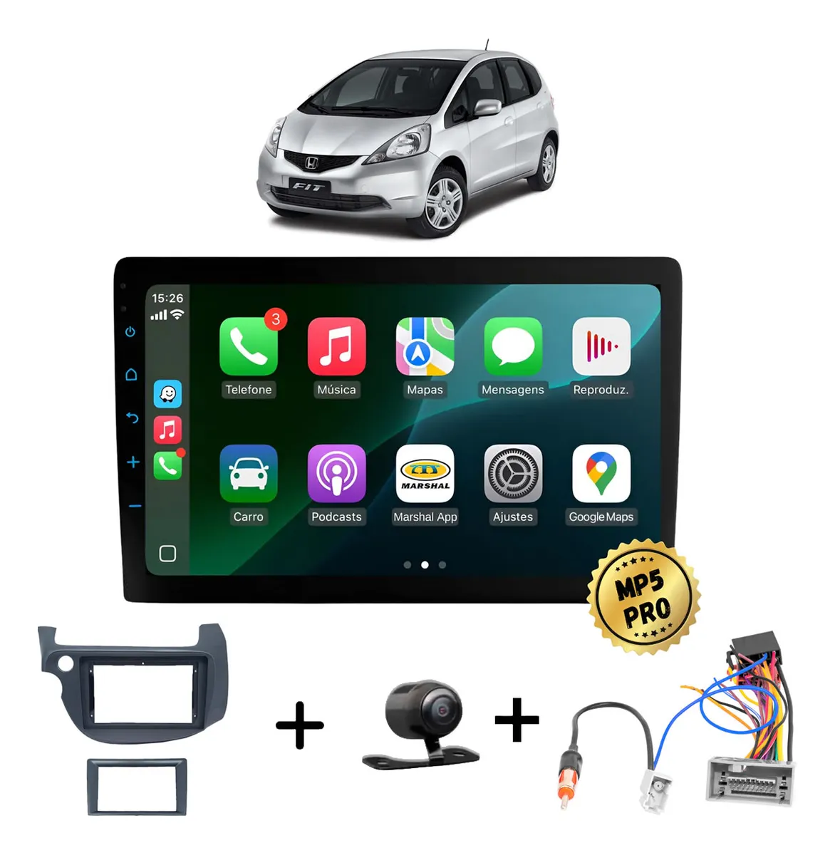 Kit Multimidia Mp5 Pro+ 9'' Honda Fit G2 2009/2014