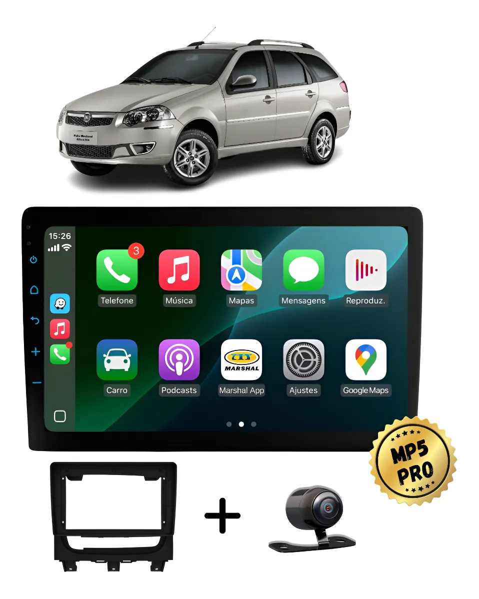 Kit Multimidia Mp5 Pro+ 9'' Fiat Palio Weekend 2013/2019 Preto