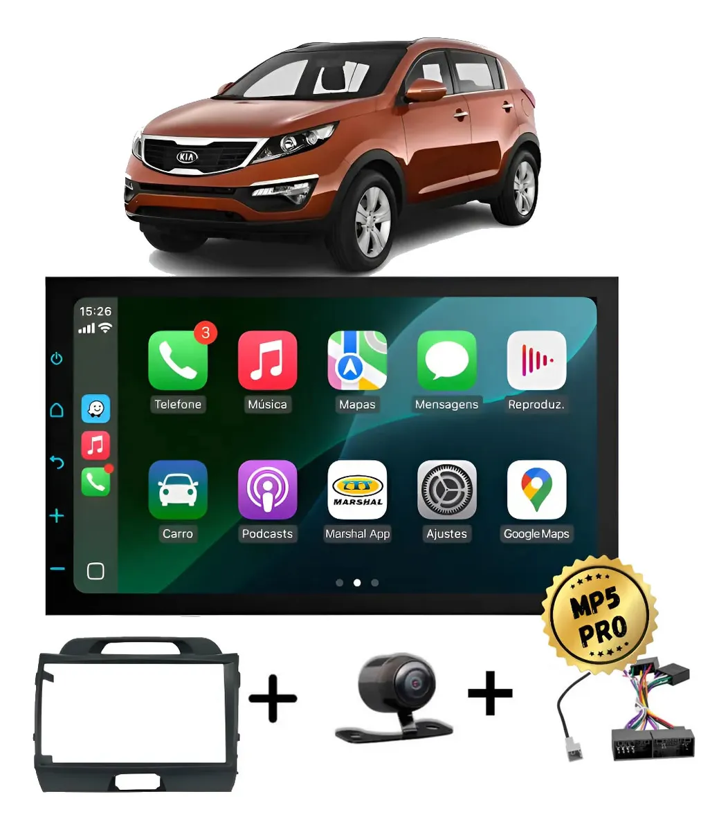 Kit Multimidia Mp5 Pro+ 7' Kia Sportage 2010/2015 C/ Chicote Preta