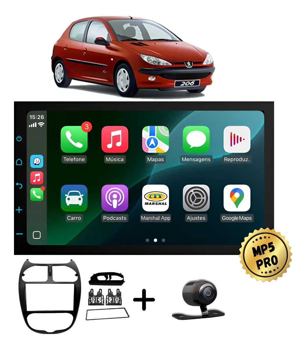Kit Multimidia Mp5 Pro+ 7' Peugeot 206 2001 2002 2003 À 2010 Preta