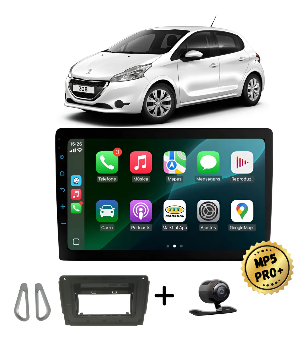 Kit Multimidia Mp5 Pro+ 9'' Peugeot 208 2014 A 2020 Preto