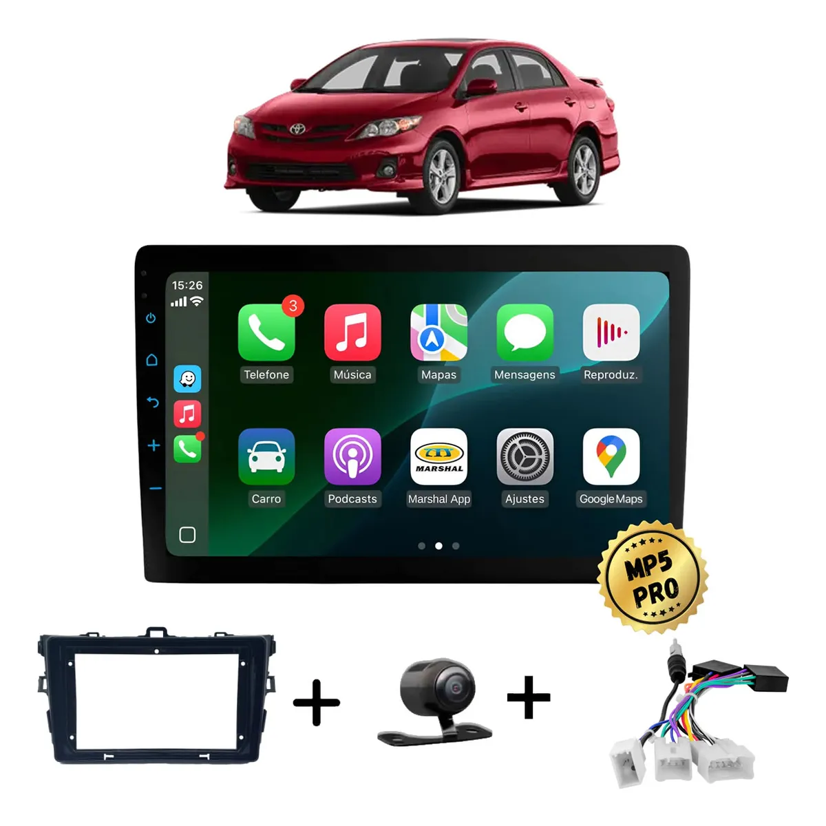Kit Multimidia Mp5 Pro+ 9' Corolla G10 2008/2014, C/ Chicote