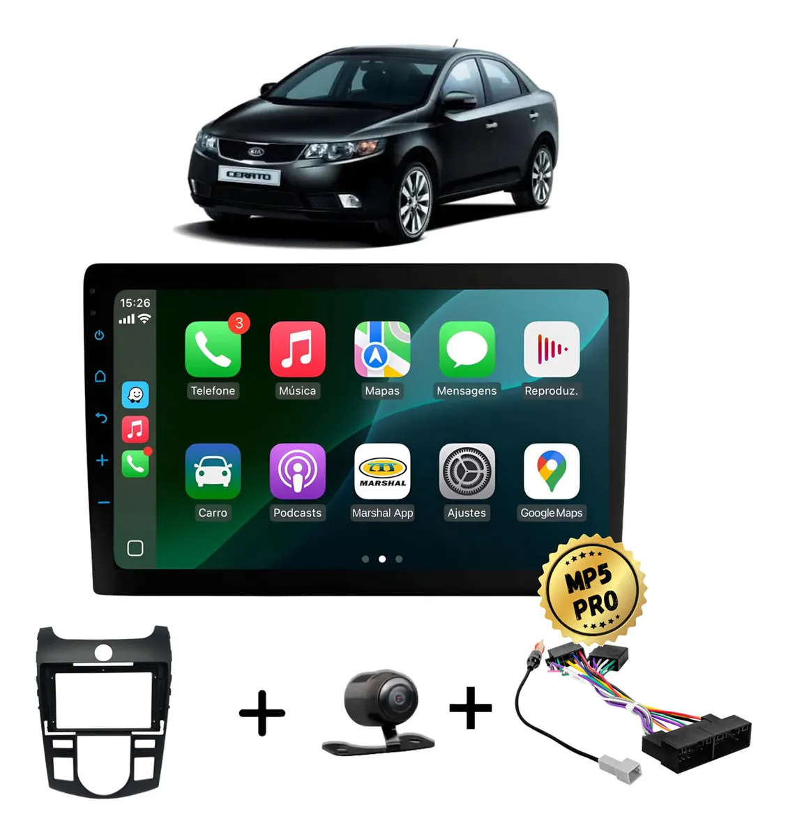 Kit Multimidia Mp5 Pro+ 9' Cerato 10/12 Ar Digital, +chicote Preto