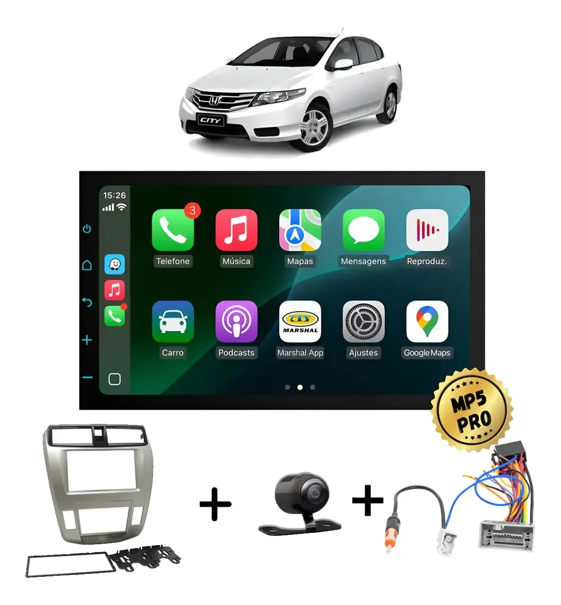 Kit Multimidia Mp5 Pro+ 7 City 2008/2013 Ar Digital +chicote Prata